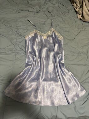 Intimate Options blue and white lace satin floral lingerie slip dress size M
